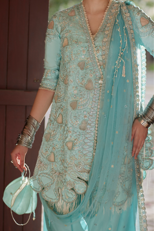Aks by Soraya – cutwork hand embellishment on blue Chanderi silk