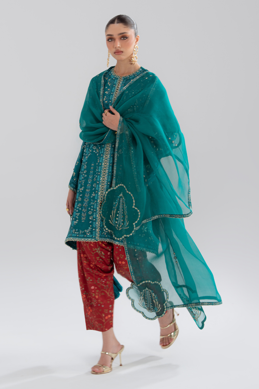 Alina by Soraya – hand embellished teal raw silk with printed sleeves