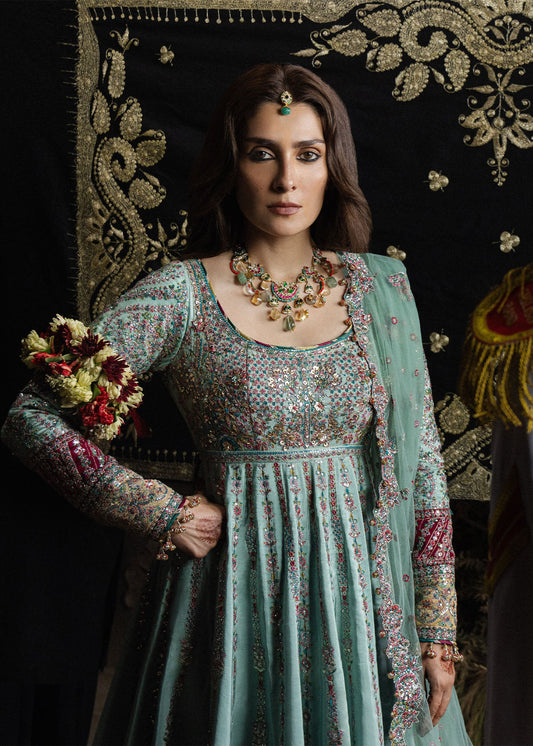 Hussain Rehar Zeenat aqua pashwas with colour-blocked hem and fuchsia churidar