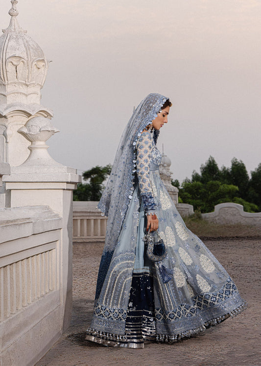 Hussain Rehar Mehtab ice blue pashwas with colour-blocked sharara