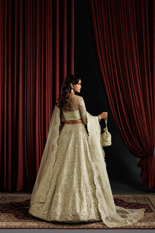 Elegant net embroidered lehenga with hand embellished panels & sleeves. Includes organza dupatta, kalli border and 6 yards inner fabric.