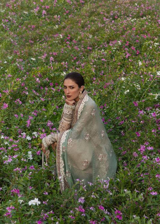 Hussain Rehar Gohar-Ara peach angrakha with mint green dupatta