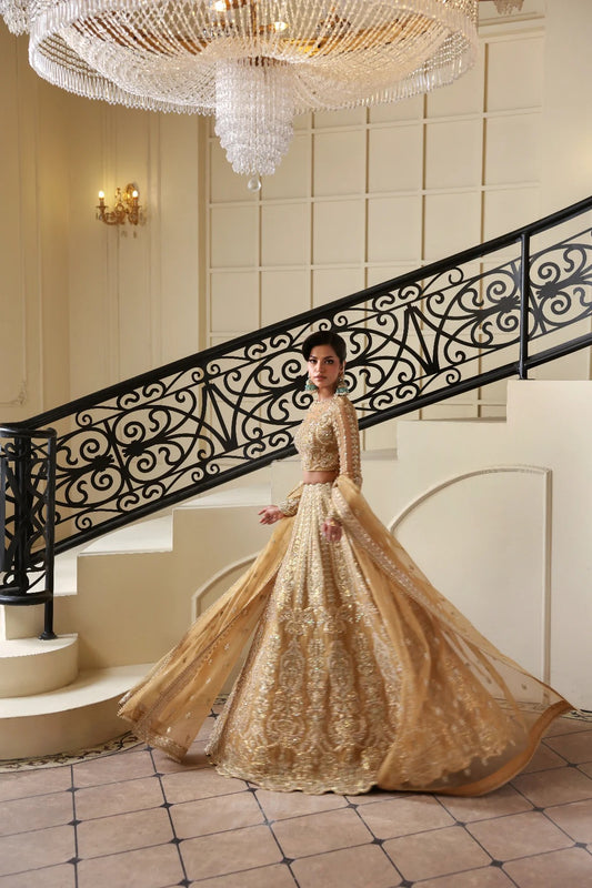 Graceful organza dress featuring hand-embellished body, sleeves, embroidered panels, and dupatta. Paired with 6 yards dyed Russian grip inner for full coverage.