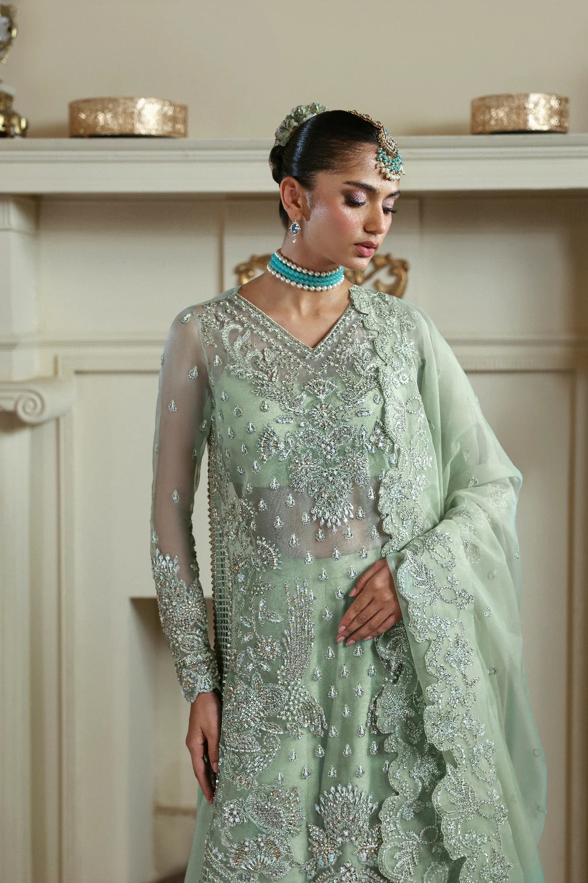 Elegant organza dress with hand-embellished front, sleeves, and borders. Paired with embroidered dupatta, Russian grip inner, and 4 yards of raw silk trouser.