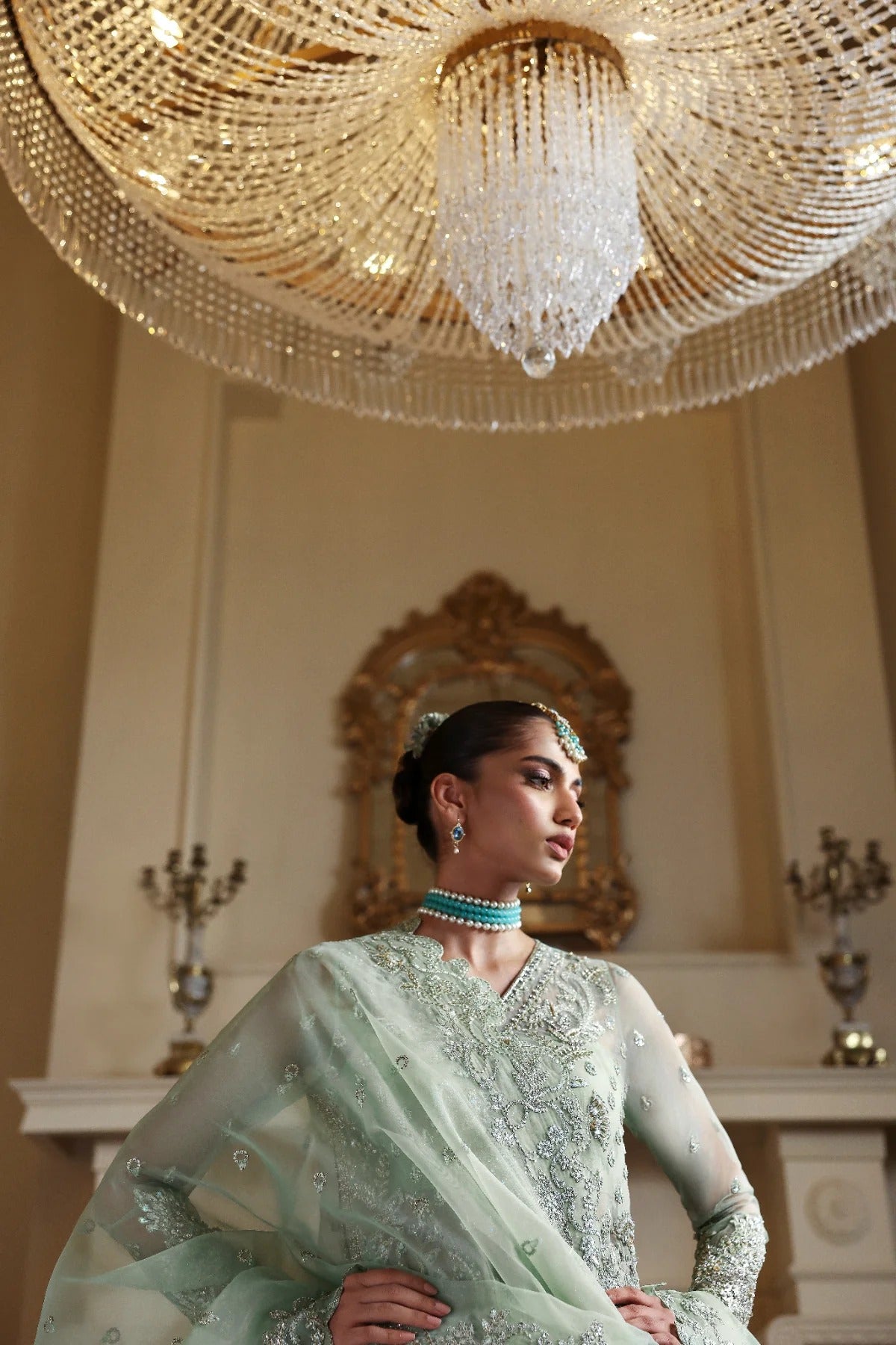 Elegant organza dress with hand-embellished front, sleeves, and borders. Paired with embroidered dupatta, Russian grip inner, and 4 yards of raw silk trouser.