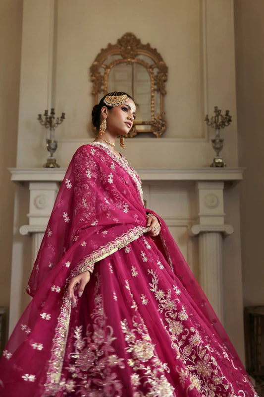 Opulent organza ensemble with hand-embellished panels, embroidered dupatta, lehenga border, Russian grip inner, and raw silk lehenga fabric. Ideal for events.