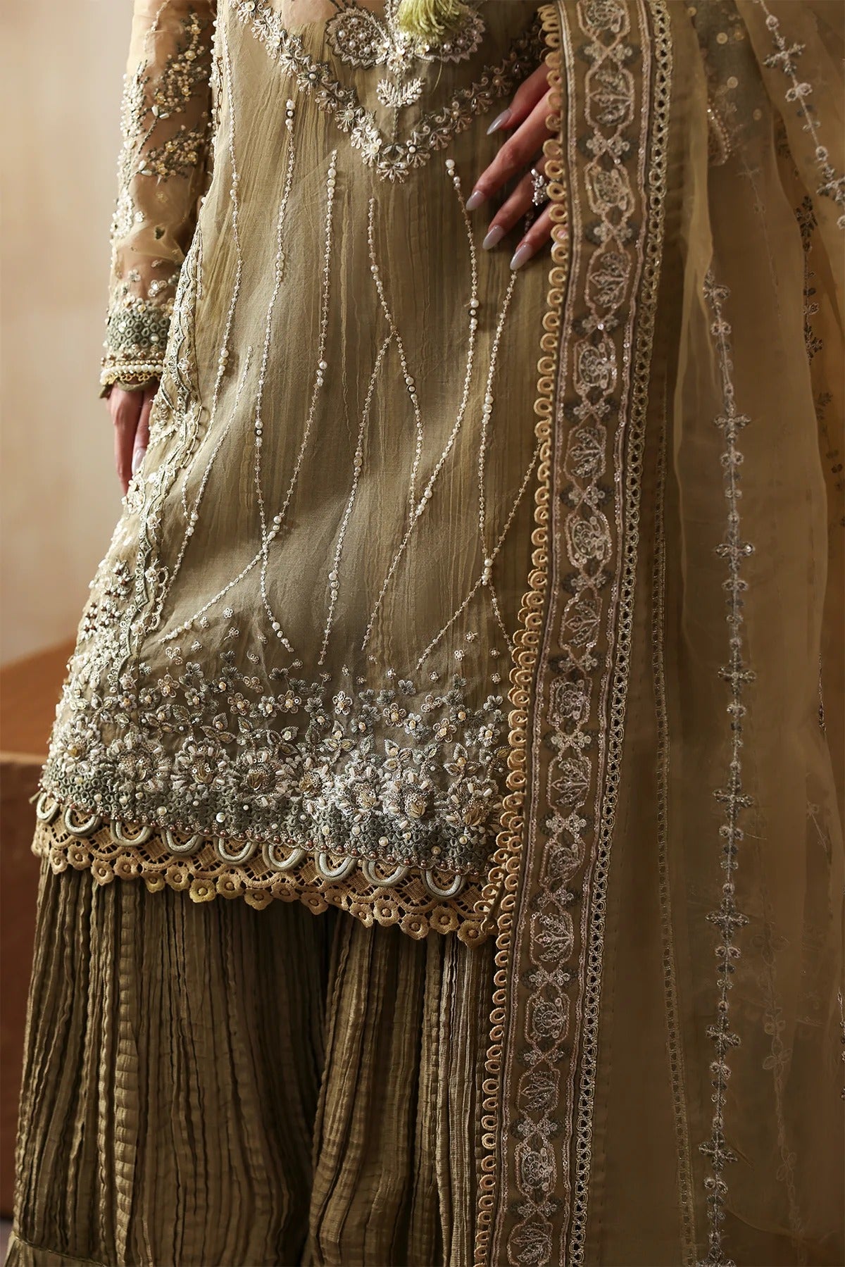 Exquisite hand-embroidered organza suit featuring detailed front, back, and sleeves panels, paired with an embroidered organza dupatta and dyed trousers for festive elegance.