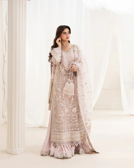 Ela dusty rose ensemble with embellished organza shirt, embroidered silk trousers, and organza dupatta—perfect for weddings, festive occasions, and celebrations.