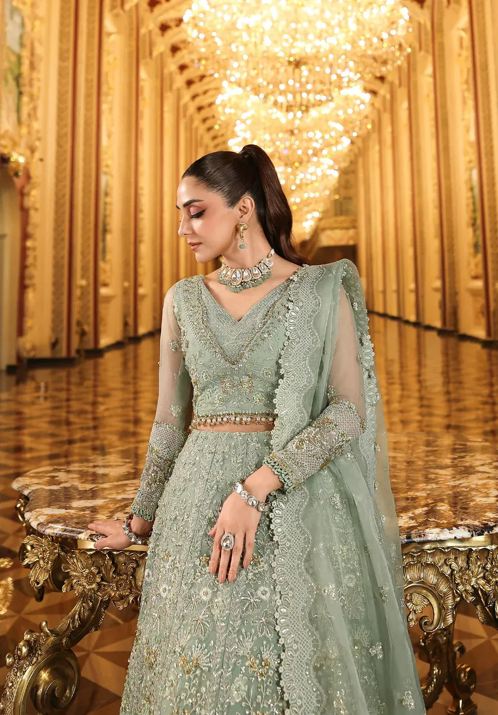 Lime Light by Elaf Stardom ’25 features hand-embroidered organza panels, elegant dupatta, and raw silk inner — perfect for festive gatherings and formal occasions.