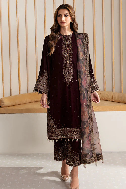 Luxurious velvet dress with intricate embroidery and digital printed organza dupatta. A perfect choice for graceful and sophisticated formal occasions.