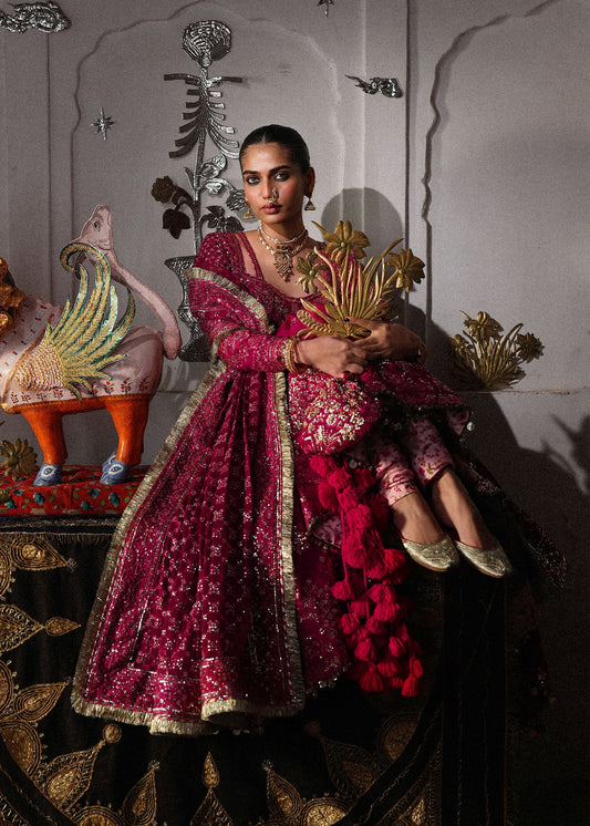 Elegant hot pink embroidered pishwas with detailed panels, Korean raw silk chooridar and a chiffon dupatta featuring all-over jaal and four sided borders.