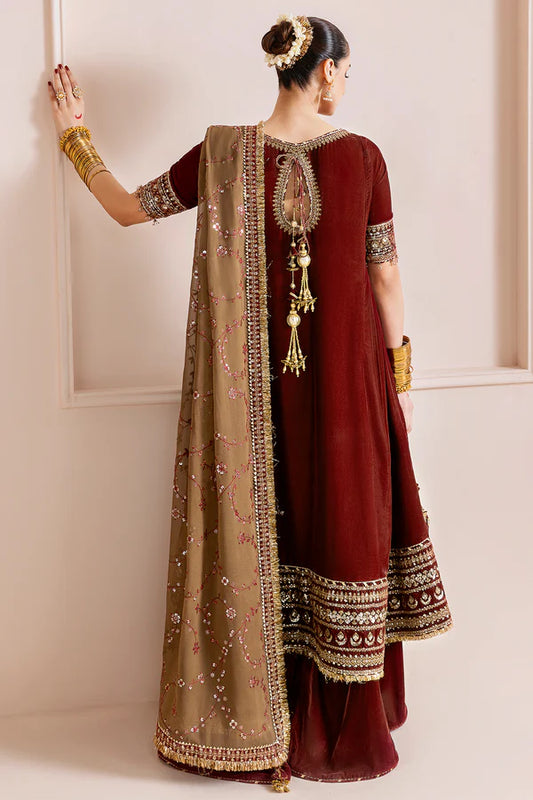 Elegant velvet suit with embroidered panels, rich borders & georgette chiffon dupatta. Perfect for formal wear & festive events. A timeless, luxe statement.
