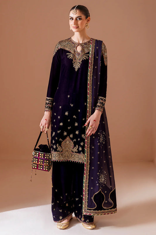 Elegant pure velvet formal dress with rich embroidery and chiffon dupatta. A luxurious outfit crafted for timeless sophistication and formal grace.