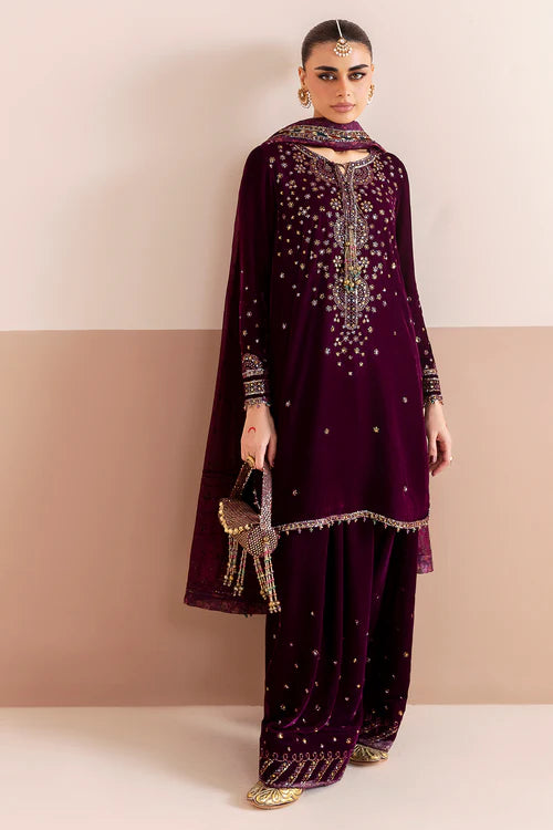 Luxurious pure velvet formal dress with intricate embroidery and chiffon dupatta. A refined ensemble blending elegance, texture, and timeless style.