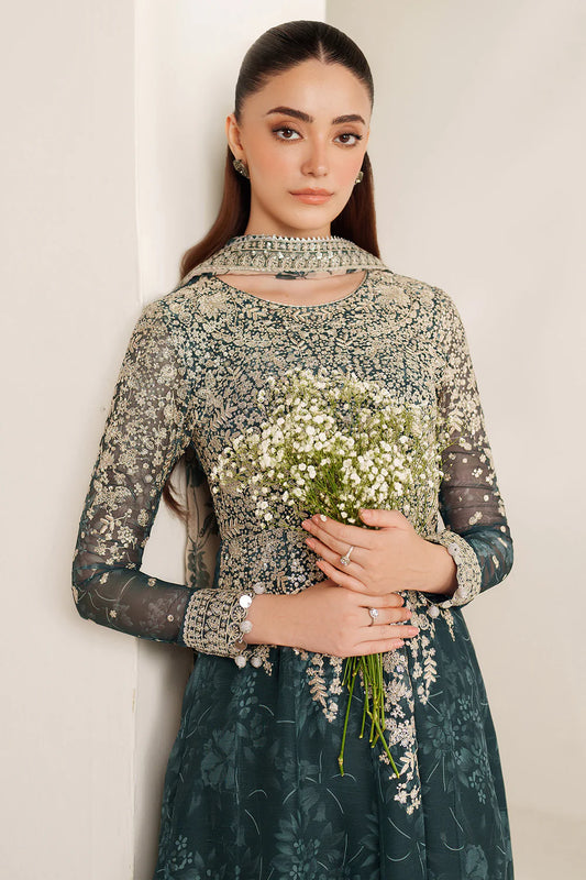 Elegant embroidered chiffon ensemble with printed yoke and panels, delicate sleeve borders, flowing back, embroidered dupatta, and raw silk bottom for timeless style.