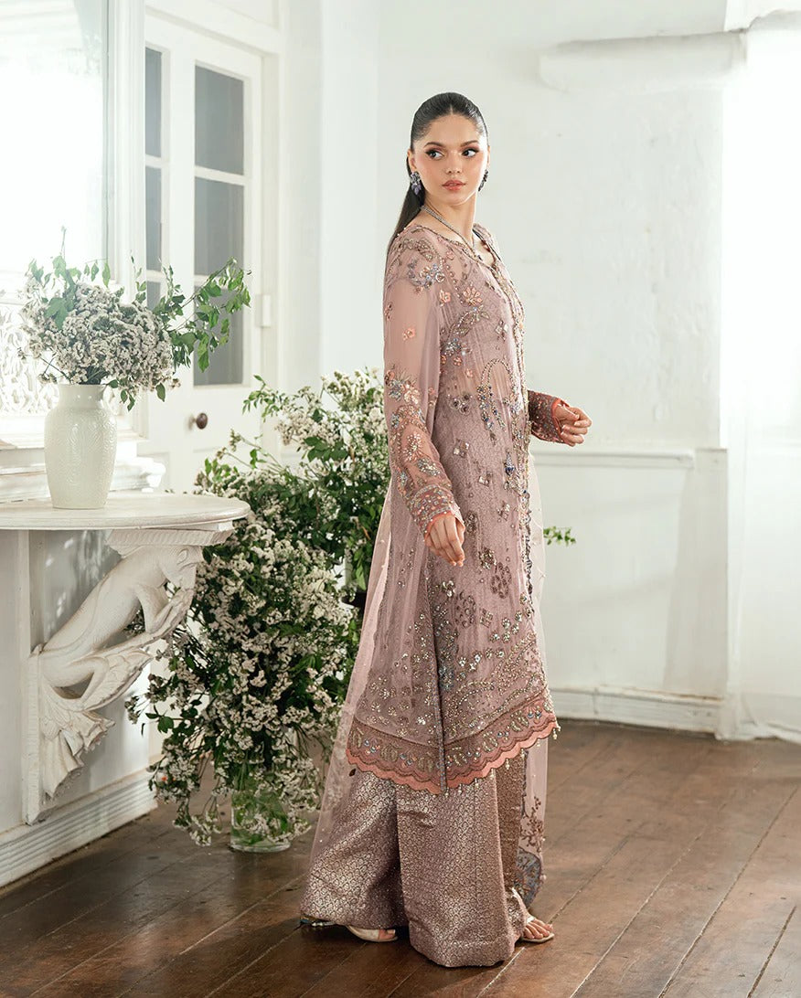 Luxury chiffon lehenga outfit with hand embellishments, sequins & pearl-detailed net dupatta. Includes jamawar lehenga & handcrafted tassels. Shop now!