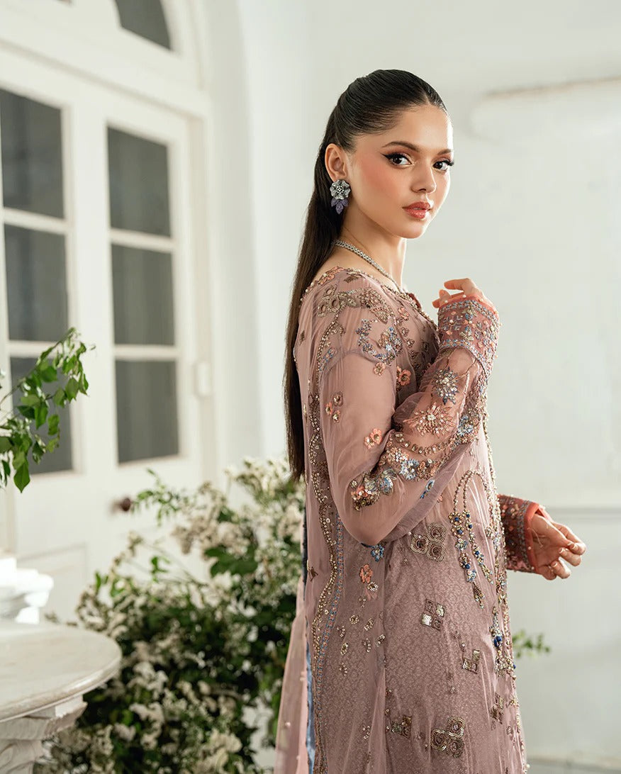 Luxury chiffon lehenga outfit with hand embellishments, sequins & pearl-detailed net dupatta. Includes jamawar lehenga & handcrafted tassels. Shop now!