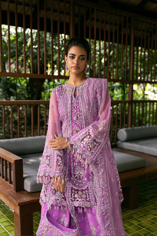 Stunning lilac 3-piece unstitched set in net & organza with hand and machine embroidery, including printed lehnga and dupatta, ideal for weddings and festive occasions.