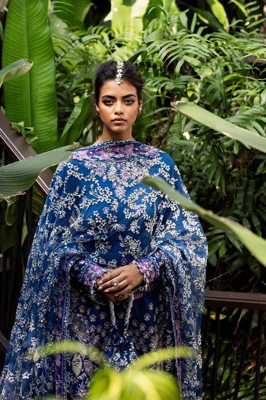 Royal Blue 3-piece unstitched set in net & raw silk with hand and machine embroidery. Elegant design perfect for weddings and festive occasions.