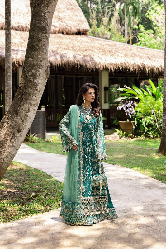 Elegant bottle green 3-piece unstitched set in organza & net with hand and machine embroidery, perfect for weddings, festive occasions, and special events.