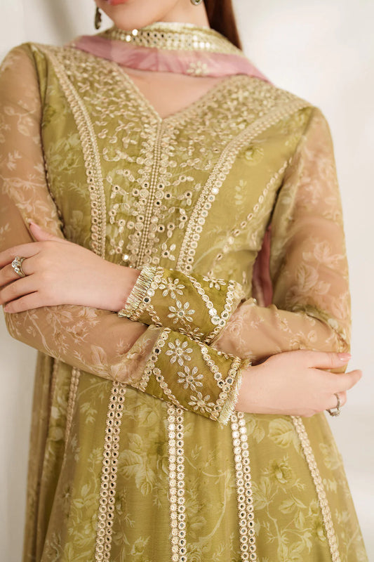 Graceful embroidered chiffon ensemble with printed sleeves, dupatta borders, and raw silk bottom. Elegant, lightweight design perfect for formal wear events.