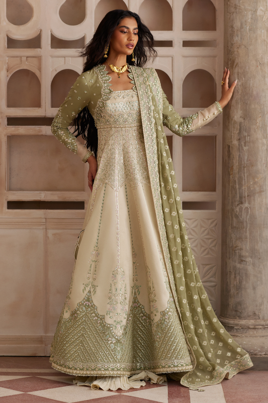 Lehr by Soraya – hand-worked bodice on olive Chanderi silk