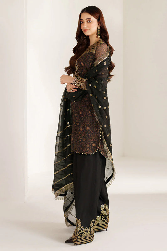 Graceful embroidered chiffon ensemble with printed front and sleeves, flowing back, rich raw silk bottom, and embroidered dupatta for timeless elegance.