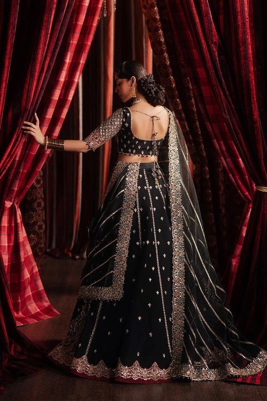 Elegant black raw silk embroidered suit featuring detailed front and back panels, organza sleeves, and a richly embroidered organza dupatta with red accents—perfect for luxury festive wear.