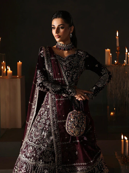Premium embroidered velvet lehenga set with sequined bodice, raw silk panels & chiffon dupatta. Perfect for weddings, festive events & all-season luxury.