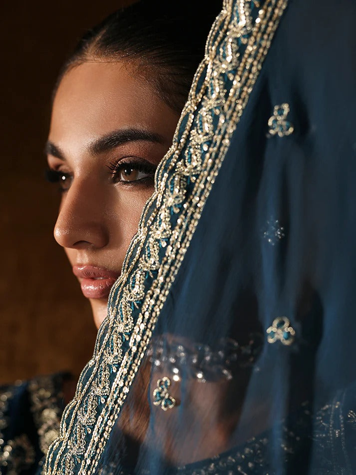 Stunning velvet embroidered 3PC sharara set with sequined panels, chiffon dupatta & raw silk sharara—perfect for weddings, parties & all-season luxury.