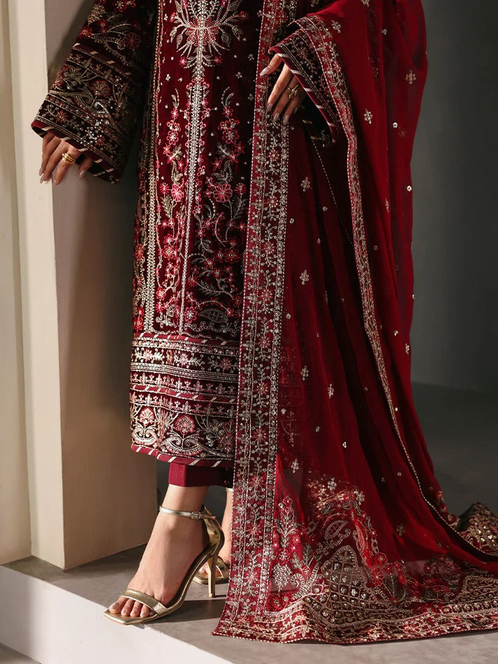 Elegant velvet embroidered 3PC suit with sequined panels, chiffon dupatta & raw silk trouser—perfect for weddings, parties & all-season festive wear.