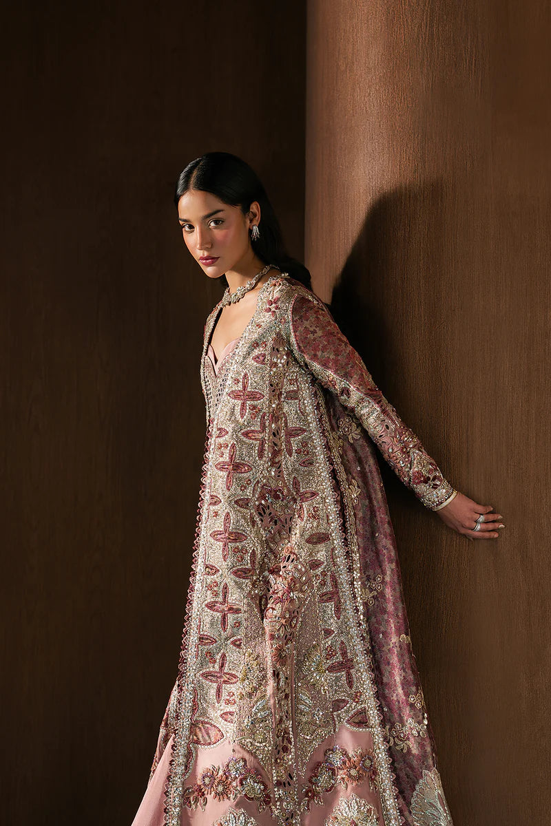 Luxury pink wedding formal featuring digital printed zari embroidery, hand embellishments, raw silk panels and a statement dupatta for festive elegance.