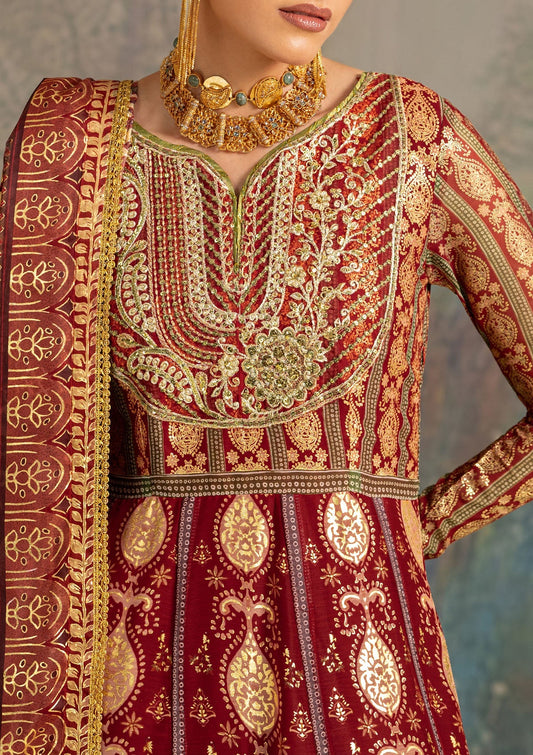 Elegant foil printed chiffon dress with embroidered organza neckline, borders and sleeves. Paired with medium silk pants and foil printed silk dupatta.