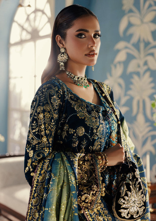 AIK Atelier Udaipur A2508 Pakistani teal velvet suit with silk dupatta