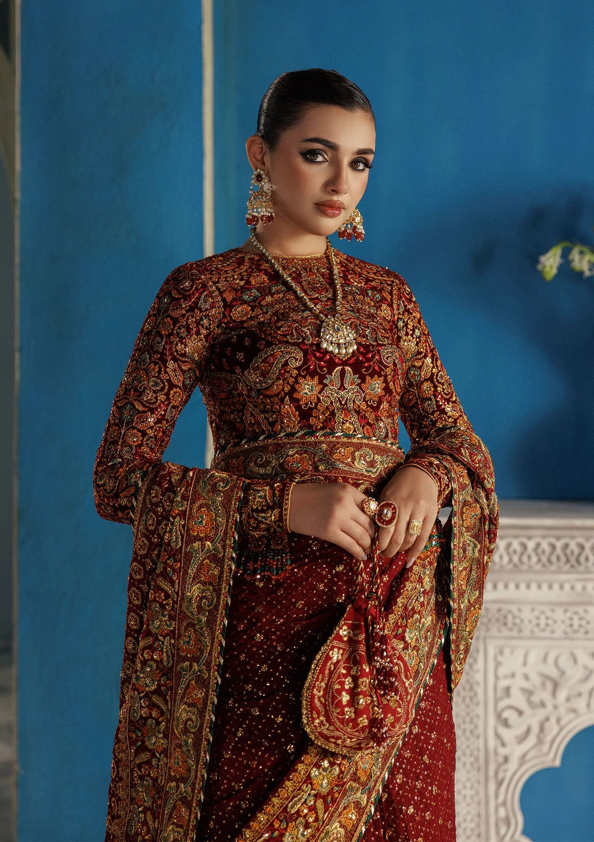 Elegant embroidered velvet blouse with organza detailing paired with chiffon saree featuring embroidered pallu, borders, and medium silk petticoat for festive wear.