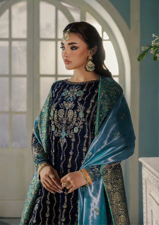 AIK Atelier Udaipur A2510 Pakistani blue velvet suit with tissue dupatta