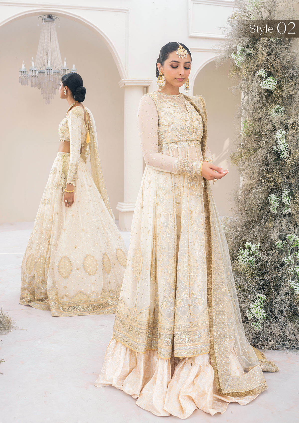 Ivory chiffon ensemble adorned with lustrous pearls and French-cut sequins, featuring rococo-inspired embroidery, jamawaar pants, and an embroidered net dupatta. Styled as blouse lehenga or kalidar frock with tiered skirt.