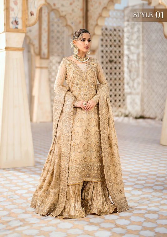 Opulent kundan zari ensemble with embellished neckline, daman patch, rich organza borders, jamawaar pants, and an embroidered zari dupatta. Styled as a long shirt with crushed sharara or izhaar pants.