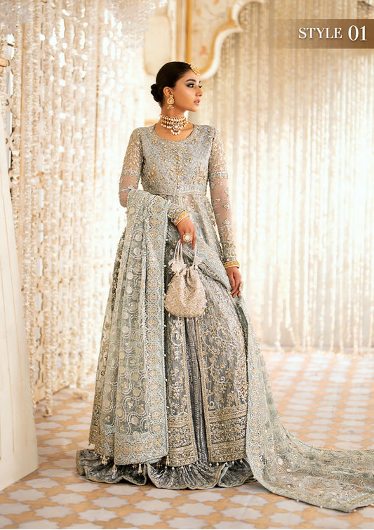 Elegant embroidered organza ensemble with embellished bodice, delicate motifs, jamawaar pants, and an embroidered net dupatta. Styled as open front frock with crushed skirt or kalidaar frock with palazzo.