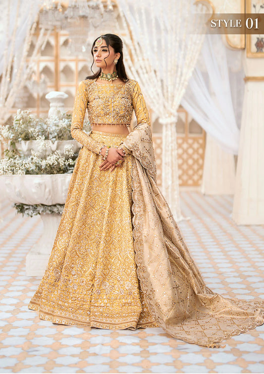 Luxurious tissue ensemble with embellished bodice, neck jaal, rich borders, jamawaar pants, and a contrast tissue dupatta. Styled as blouse with lehnga or kalidaar frock with crushed skirt.