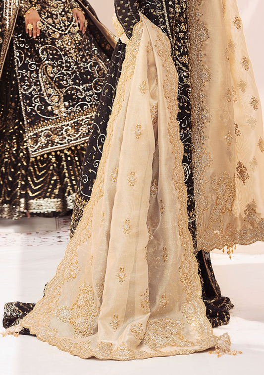 Elegant light gold tissue shawl featuring a classic monochrome design, scalloped embroidery, corner motifs, and delicate French cut sequin accents for timeless understated luxury.