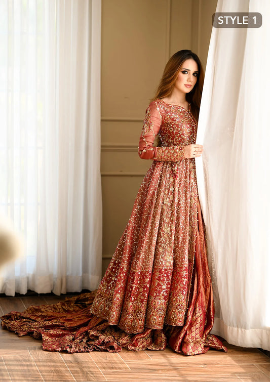 Graceful zari net ensemble with embellished bodice, organza borders, masoori silk pants, and an embroidered tissue dupatta. Styled as kalidaar frock with crushed farshi lehnga or angrakha with crushed sharara.