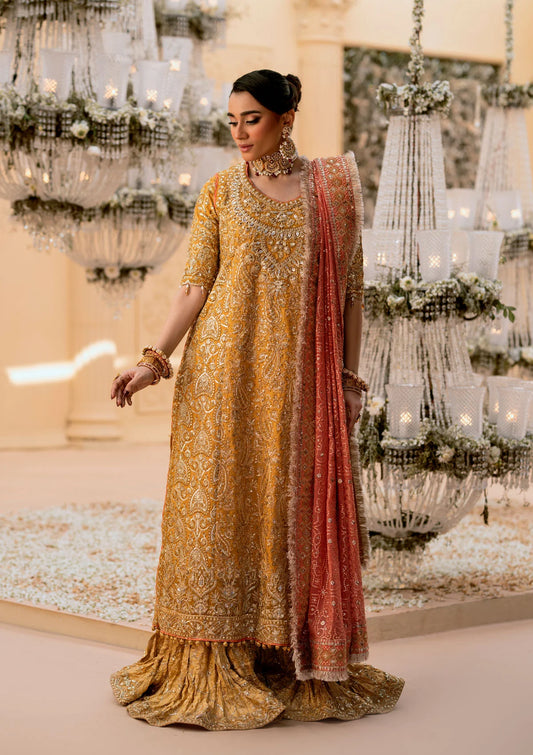 Graceful khaadi net ensemble with embellished organza neckline, embroidered jamawaar pants, and a chiffon dupatta. Styled with farshi gharara or crushed sharara for festive elegance.