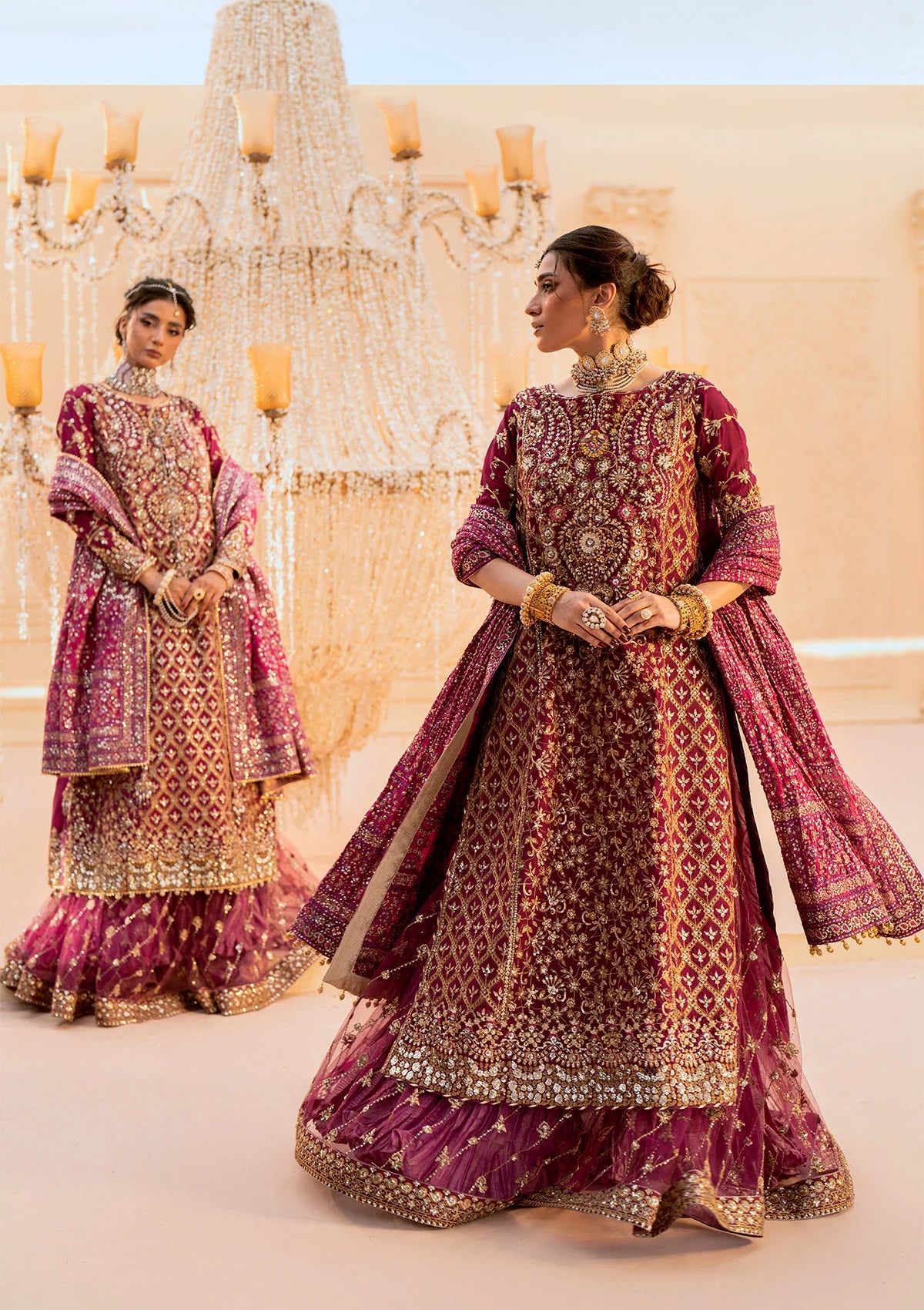 Luxurious kataan silk outfit with intricate jaal embroidery, embellished neckline, embroidered sleeves, crushed skirt or gharara styling, silk dupatta, and refined organza details.