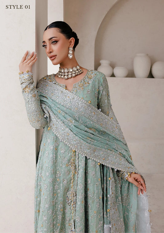 Elegant embroidered chiffon ensemble with embellished organza neckline, rich borders, jamawar pants, and chiffon dupatta. Styled as angrakha with skirt or kalidar open front with farshi gharara.