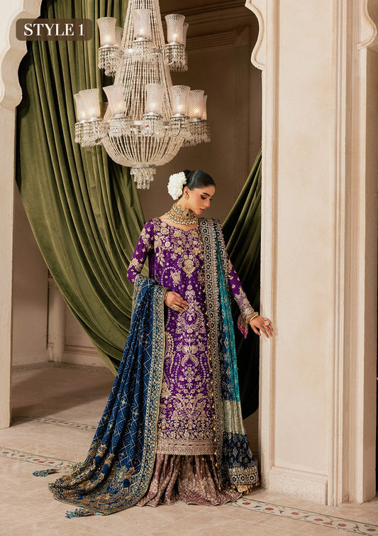 Elegant purple medium silk dress with embellished embroidery, organza borders and sleeves. Paired with masoori silk pants and embroidered silk dupatta.