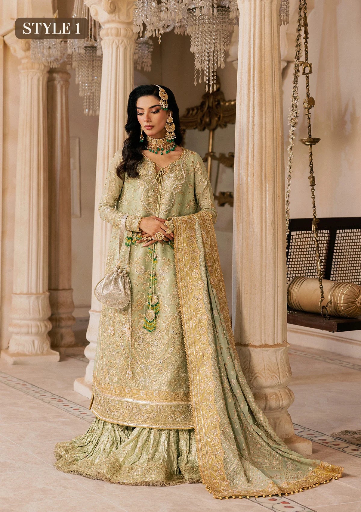 Shop mint green zari net embroidered dress with jamawar pants & chiffon dupatta. Features sharara & Hyderabadi gharara styles—perfect festive wear.