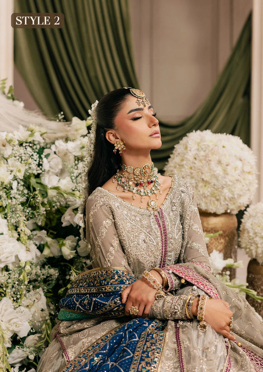 Shop grey khaadi net embroidered dress with masoori pants & chiffon dupatta. Features long shirt with gharara or open front skirt style—perfect festive wear.