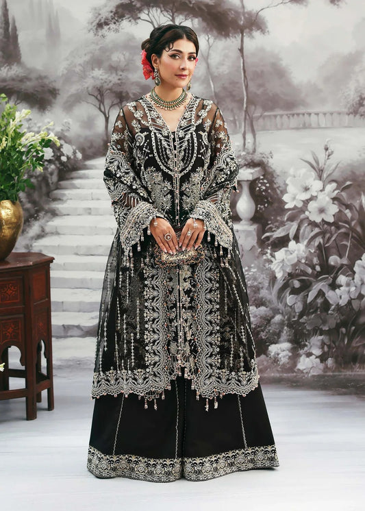 Majestic onyx noir suit with hand-embellished organza panels, refined borders, embroidered dupatta, and sleek trouser for timeless evening elegance.