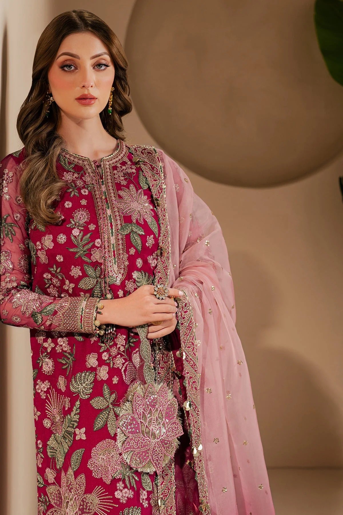 WF'25-03 features embroidered chiffon, organza dupatta, and raw silk bottom with elegant borders—crafted for luxurious style at formal occasions.